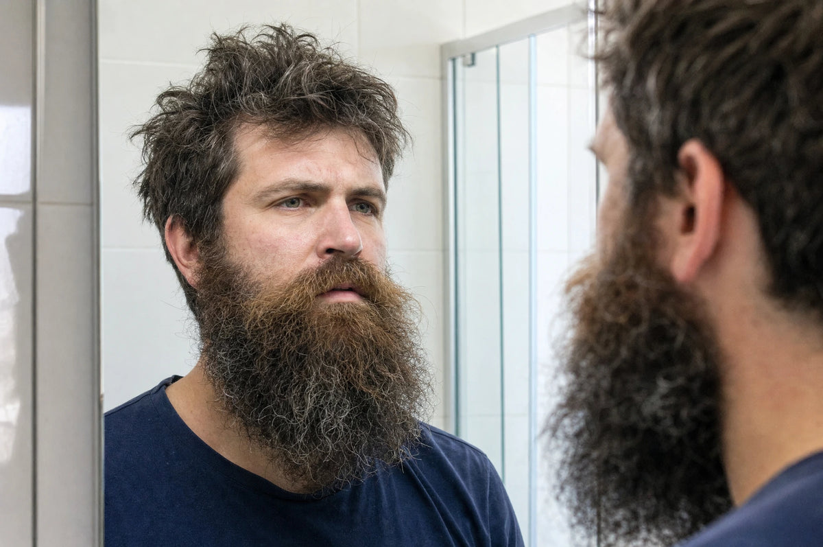 Man in a navy shirt looking at his long, tousled beard in a bathroom mirror