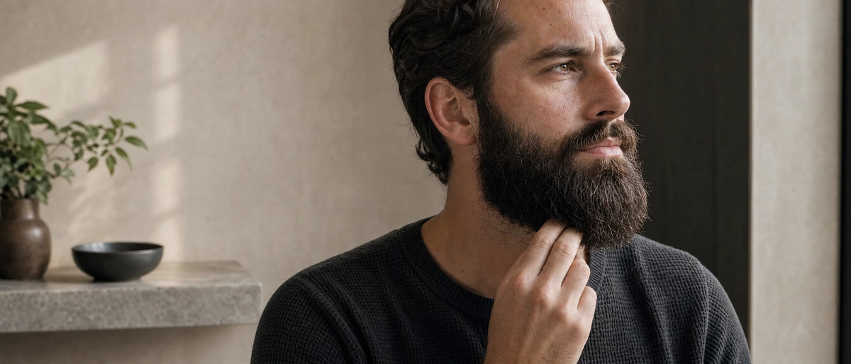 Homme en pull sombre touchant sa barbe fournie dans une salle de bains aux tons chauds